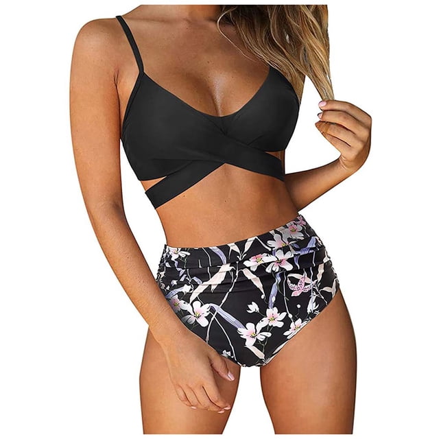 Women Cross High Waisted String Floral Printed 2 Piece Bathing Suit Bkini Swimwears Tankinis Set Black S