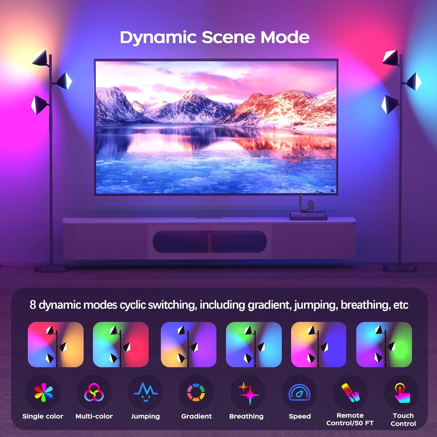 RGB Floor Lamp for Living Room, 36W LED Standing Lamp with 3 Lights, Dimmable Smart Lamp with Remote & Touch Control, Colors Changing& DIY Mode, Modern Tree Tall Lamp