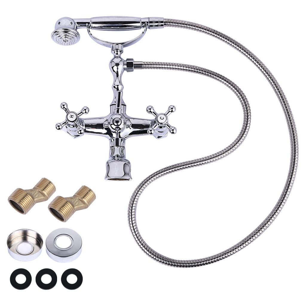 Bathroom Bathtub Faucet Set with HandHeld Shower Spray Antique brass Double Cross Handle 2 Functions Wall Mount 360 Swivel Mixer Tub Spout Vintage