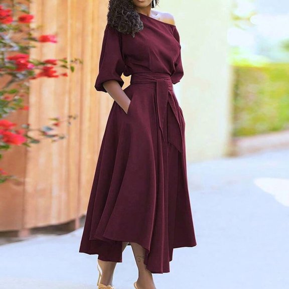 Burgundy Off-Shoulder Wrap Waist High-Low A-Line Midi Dress With Belt
