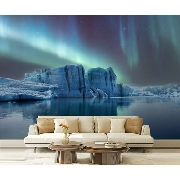 Peel and Stick Wallpaper Jokulsarlon glacier lagoon northern lights Modern Art Wall Mural Decor Self Adhesive and Removable 69in x 98in