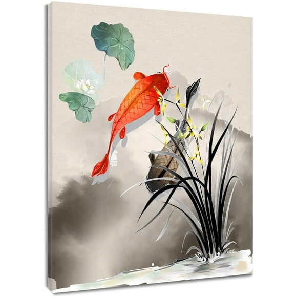 Fish Canvas Wall Art Koi in Lotus Pond Artwork Chinese Ink Painting for Living Room Bedroom Bathroom Wall Decor,Stretched and Framed Ready to Hang,12x16 inches