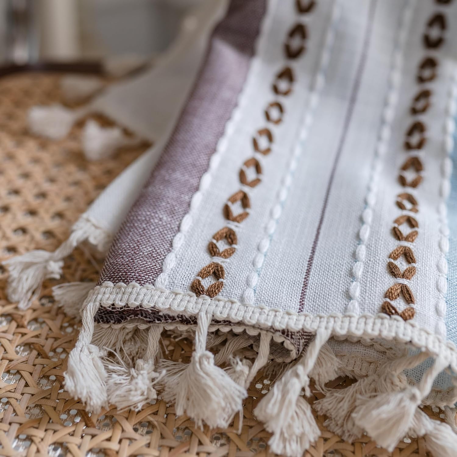 AIGIA Boho Linen Curtains for Bedroom Living Room Semi Blackout Farmhouse Tassels Bohemian Embroidery Drape Rod Pocket 1 Panel