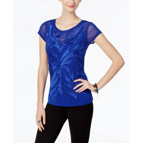 INC International Concepts Petite Embroidered Illusion Top Goddess Blue PS