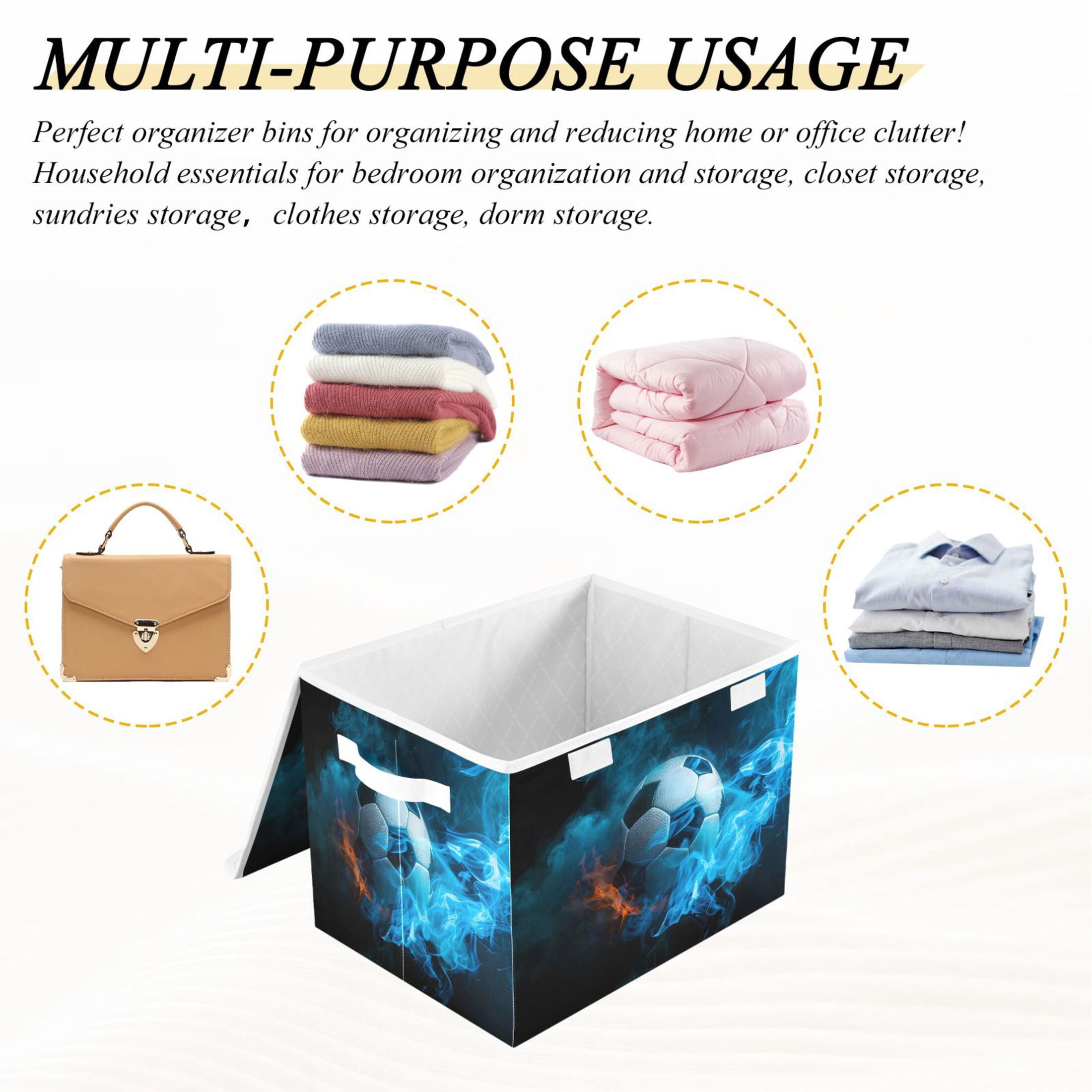 Ryvnso Soccer Ball with Fire Large Lidded Foldable Storage Baskets Cubes Boxes Lids Bin for Home