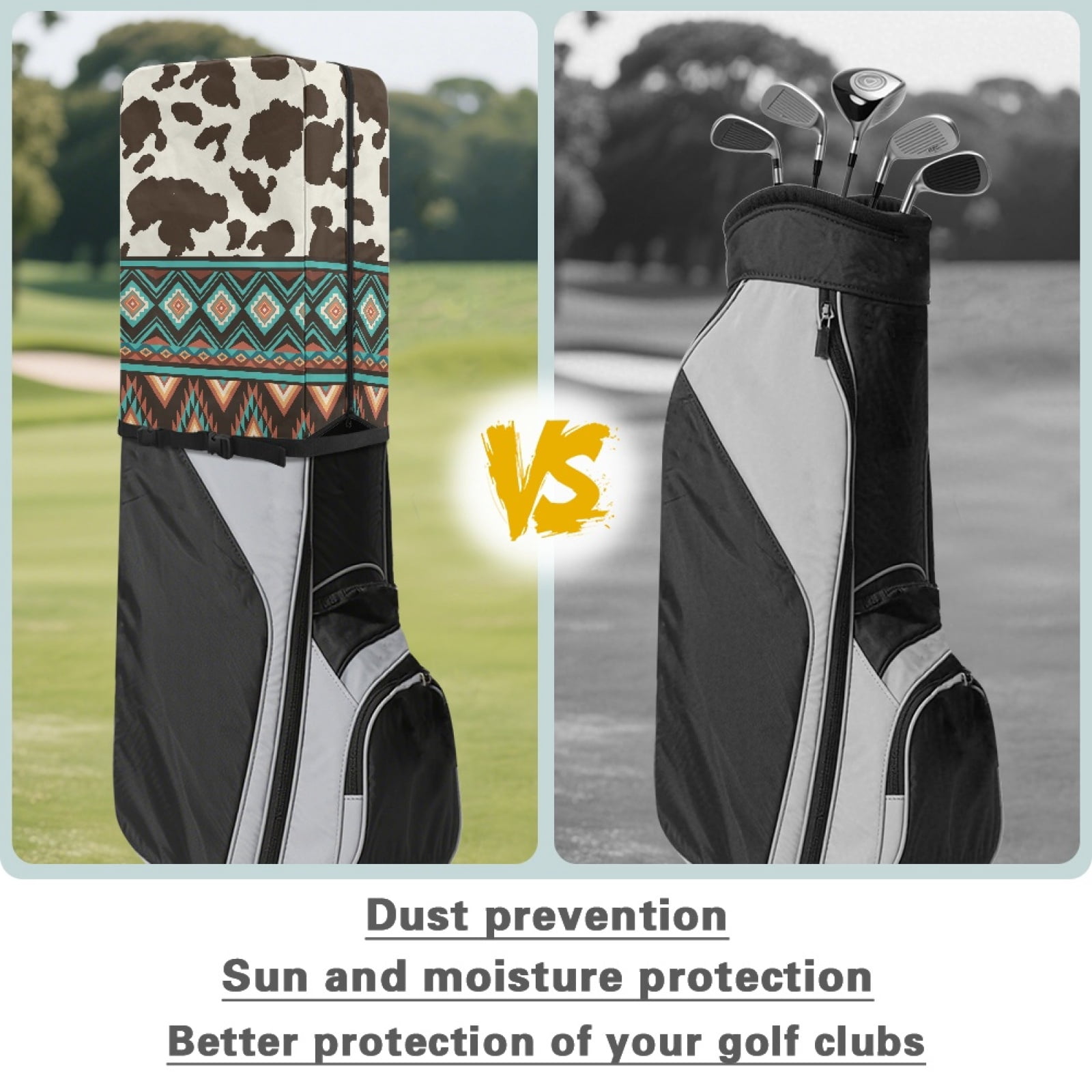 Yuyamidu Brown Cow Print Golf Bag Cover Aztec Hood Golf Bag Dust Cover for Clubs Protection with Snap Button and Zipper