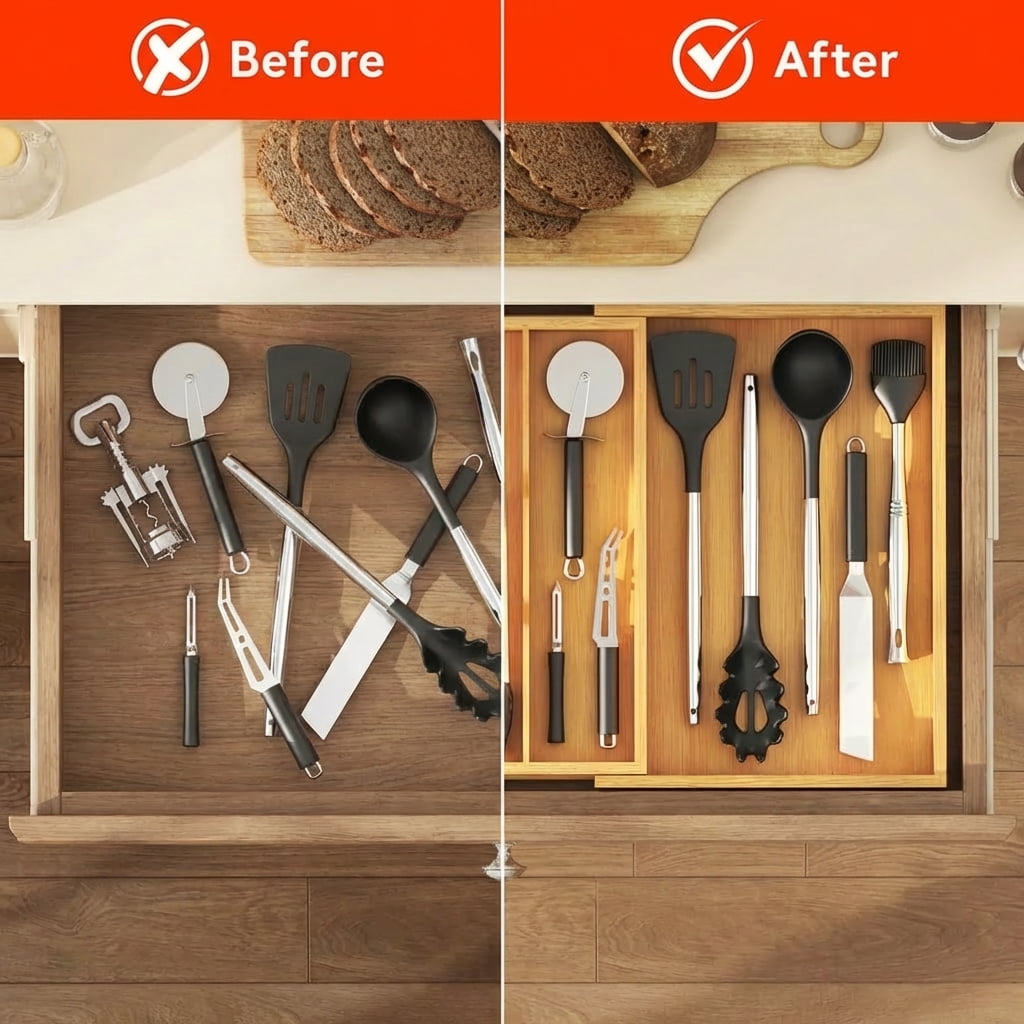 Luncia Expandable Bamboo Utensil Organizer Tray – Adjustable Cutlery & Flatware Holder for Kitchen Drawer, 11.9–21.7 x 15.75"