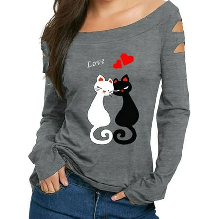 Women's Slim Fit Hollow Out Long Sleeve Cute Cat Printed Shirt Autumn Winter Slash Neck Female Shirt Pullover Brief Tunic