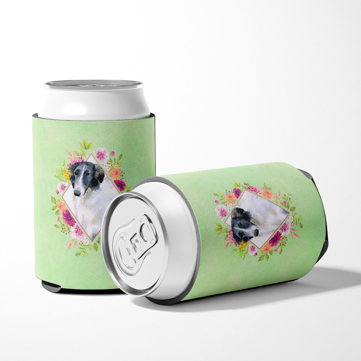 Carolines Treasures CK4282CC Borzoi Green Flowers Can or Bottle Hugger Can Hugger multicolor