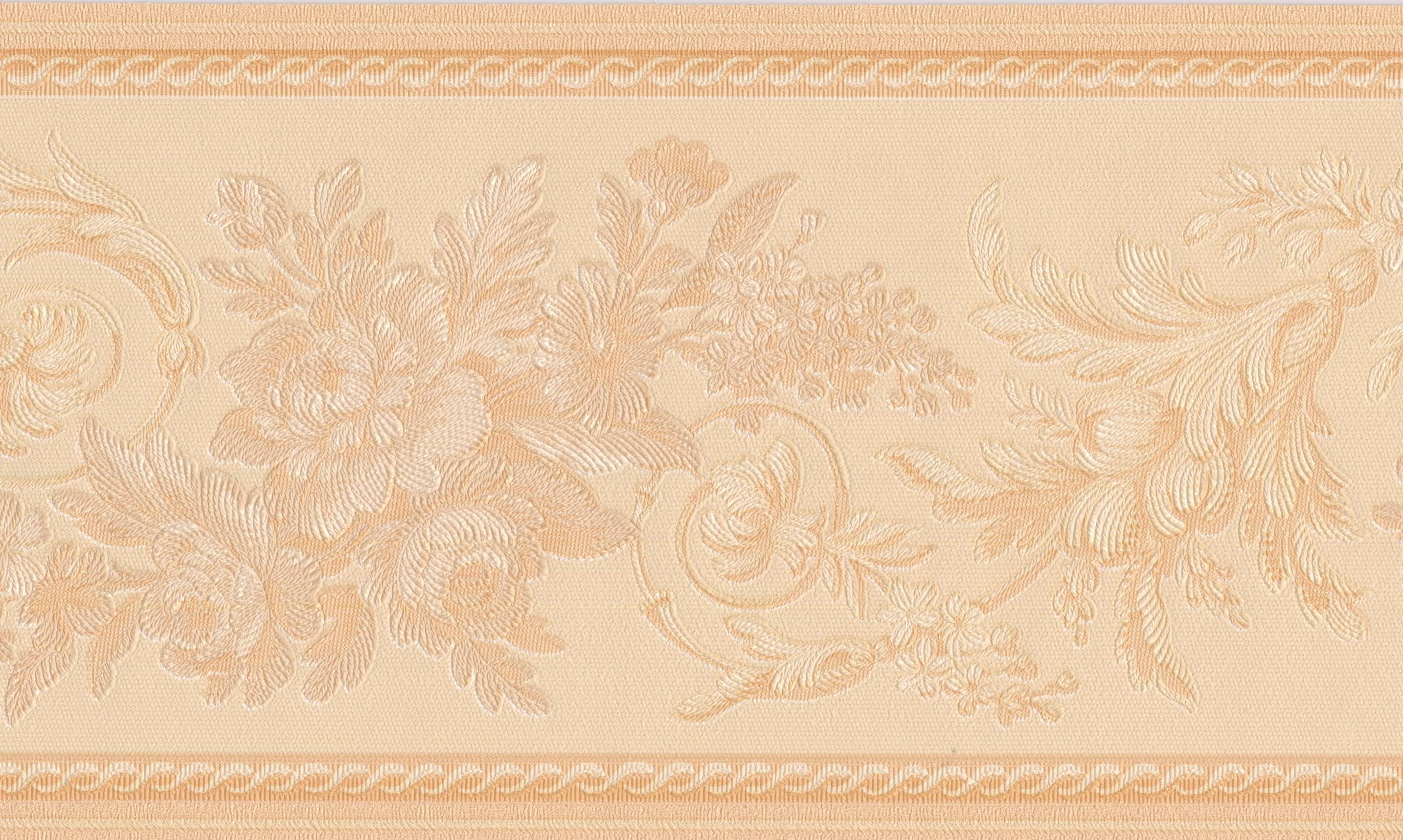 Wallpaper Border Beige Flowers on Vine White Creme Damask Wall Border Retro Design, Roll 15 ft