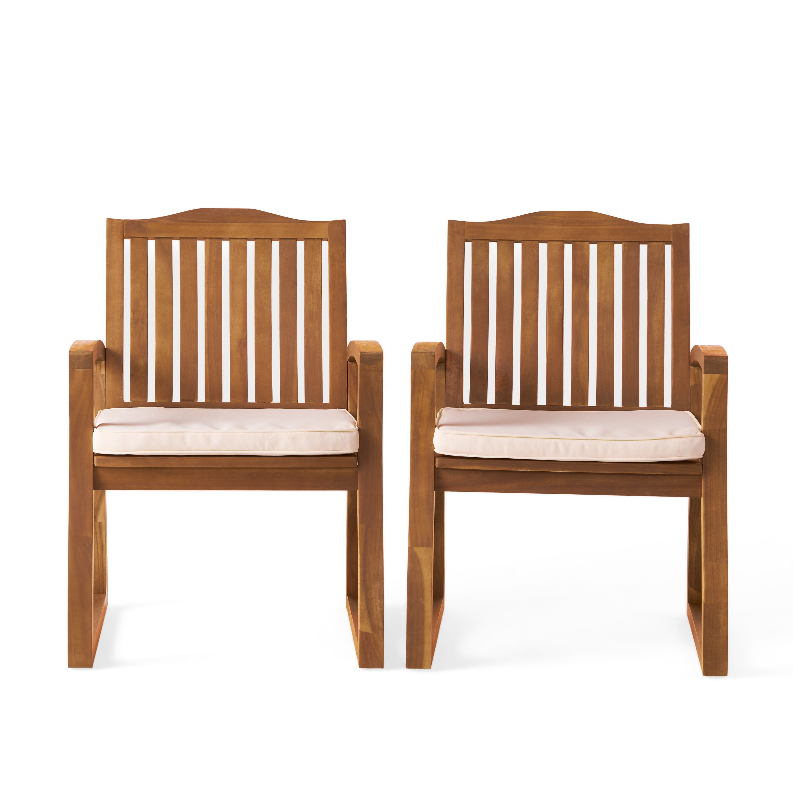 Outdoor Acacia Wood Armrest Dining Chair Set of 2, Household Leisure Seats for Patio Garden, Teak and Ivory