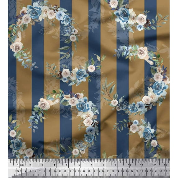 Soimoi Brown Viscose Chiffon Fabric Stripe & Half Wreath Rose Floral Print Fabric by Yard 42 Inch Wide