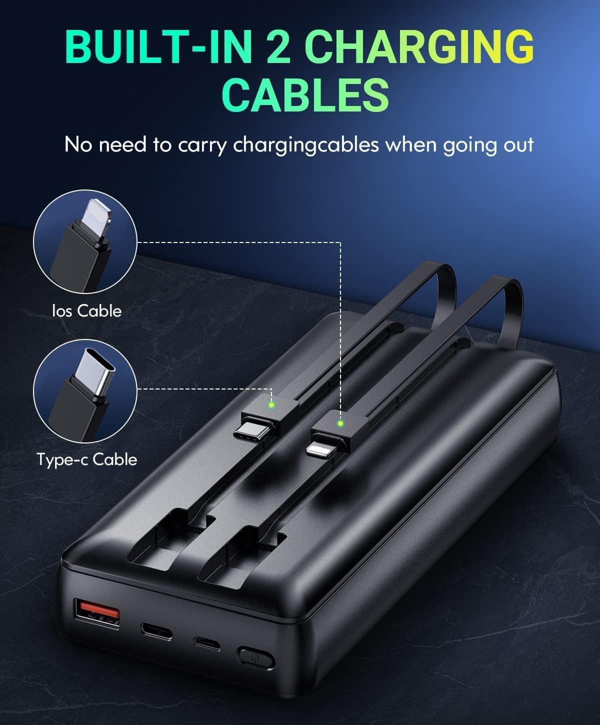 Gazsocy Portable Phone Charger -40000 mAh Fast Charging Power Bank, With Built-in Cable Compatible for Iphone Charger