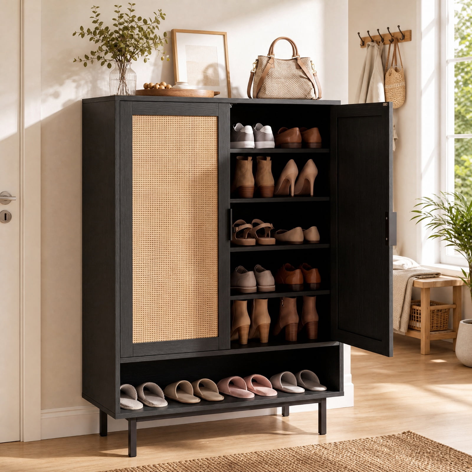 Furnibear 43 Inch Tall 6 Tier Shoe Cabinet with Double Doors and Adjustable Shelves for Entryway Living Room and Closet, Black