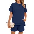 thumbnail image 2 of Women 2 Piece Outfits Sweatsuits Summer Short Sleeve Loungewear Tracksuit Round Neck Lounge Shorts Sets Navy Blue S, 2 of 10