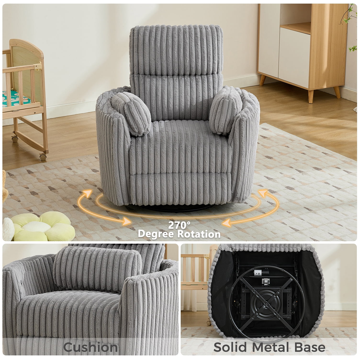 Adult Faux Fur Nursery Power Swivel Glider and USB Recliners with 2 Removable Pillows, Gray