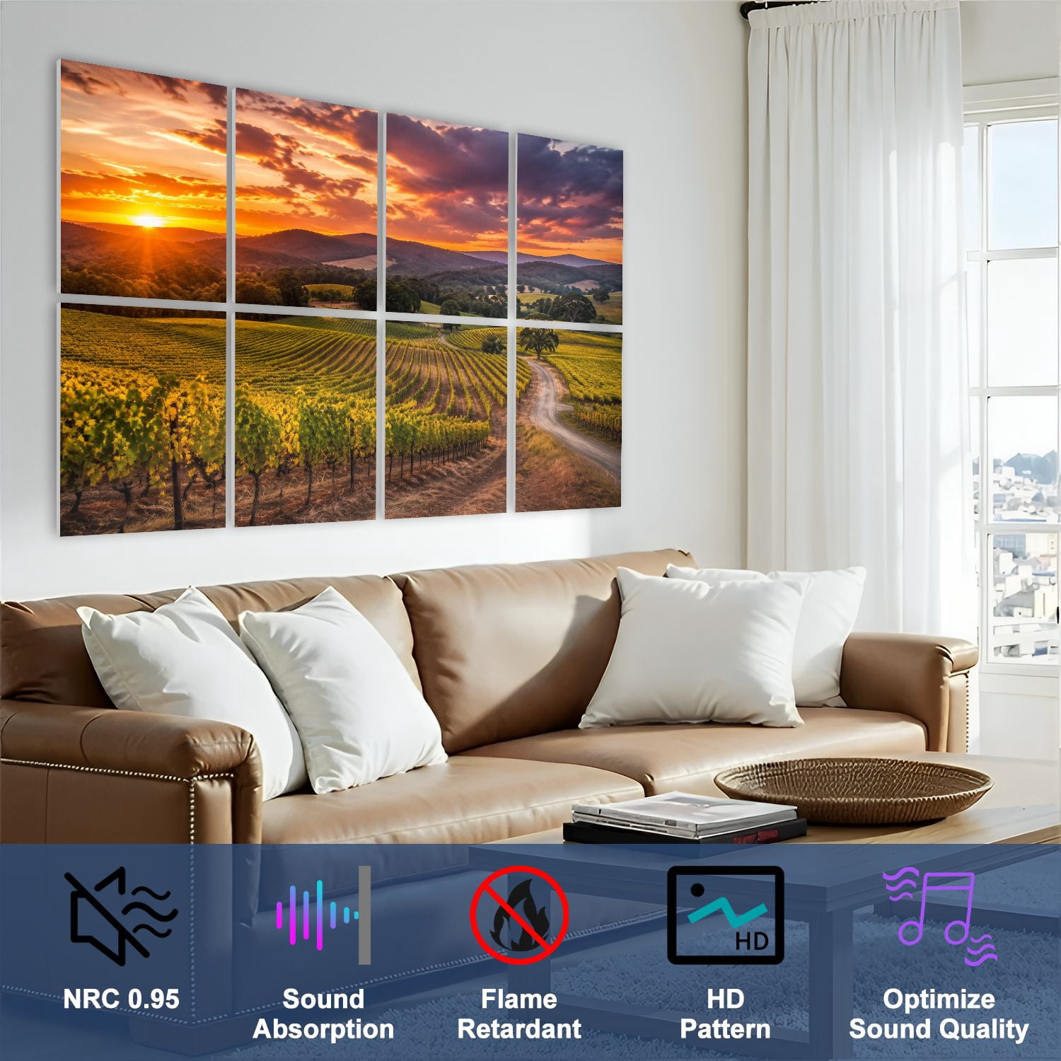 8 Pack Art Acoustic Panels Sound Absorbing Vineyard Sunset Decorative Soundproof Wall Panels Self Adhesive for Nursery Game Room Bedroom 48"x32"
