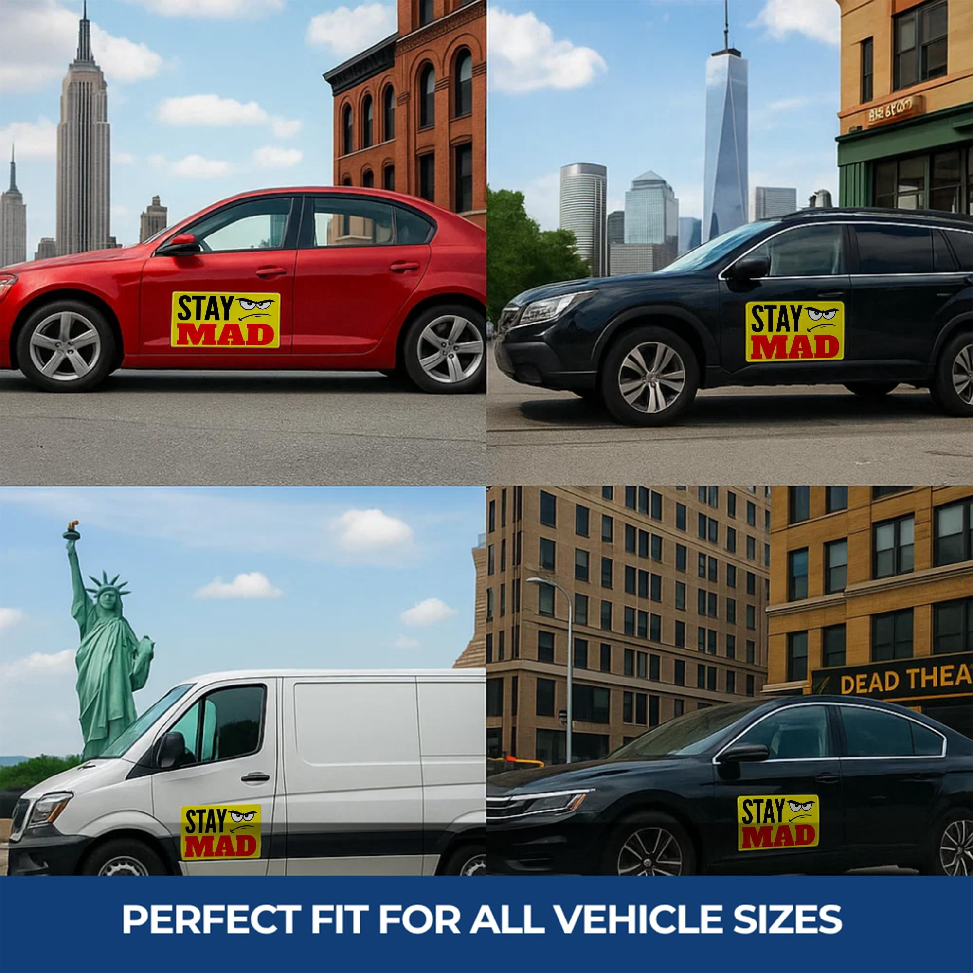 Stay Mad Car Magnet Sign by DC, 12"x24" flexible car magnetic sheets with adhesive backing, bumper magnet sticker for vehicles, trucks & business advertising signs, 2 PC, Made in USA