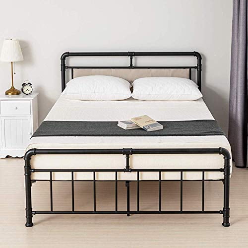 Bed Queen Size Platform Metal Frame, with Vintage Headboard and