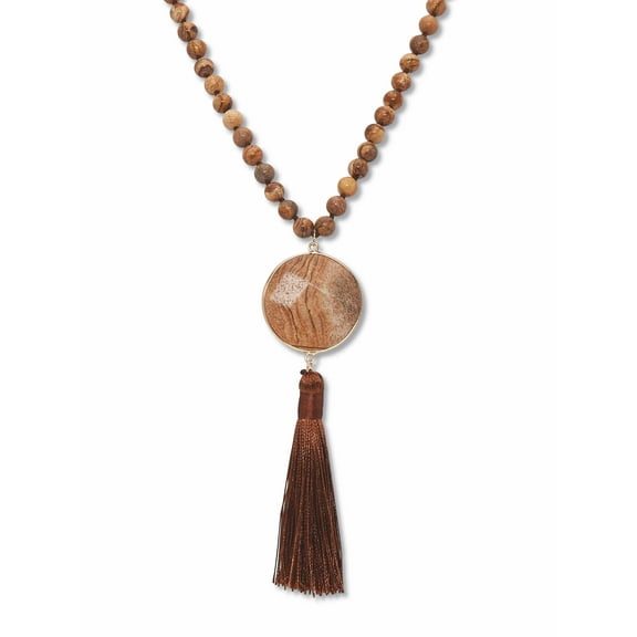 PalmBeach Jewelry Round Genuine Brown Jasper Goldtone Bezel Set Cabochon Beaded Necklace 34 Inch