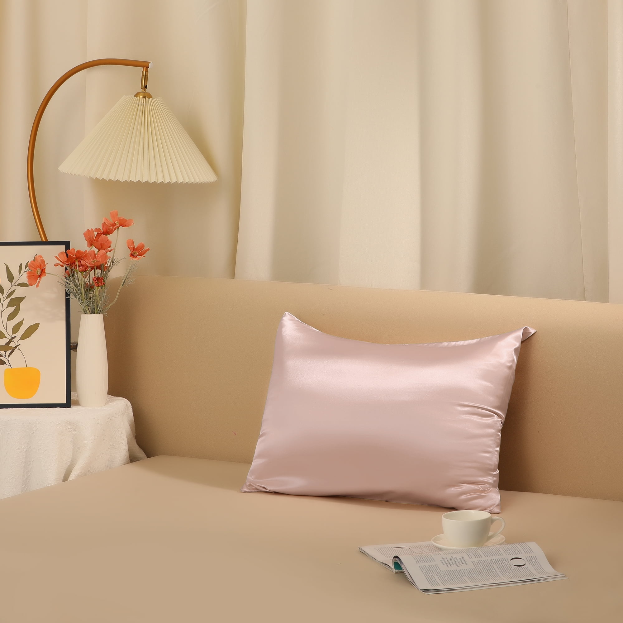 Unique Bargains Zipper Closure Satin Solid Pillowcase with Eye Mask Pink Queen