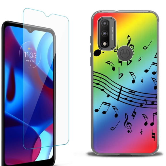 Slim-Fit Protective Phone Case (Black) compatible with Motorola Moto G Pure 5G, with Tempered Glass Screen Protector, by OneToughShield ® - Music Notes / Rainbow