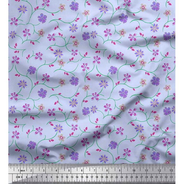 Soimoi Satin Silk Fabric Leaves & Floral Artistic Printed Fabric 1 Yard 42 Inch Wide