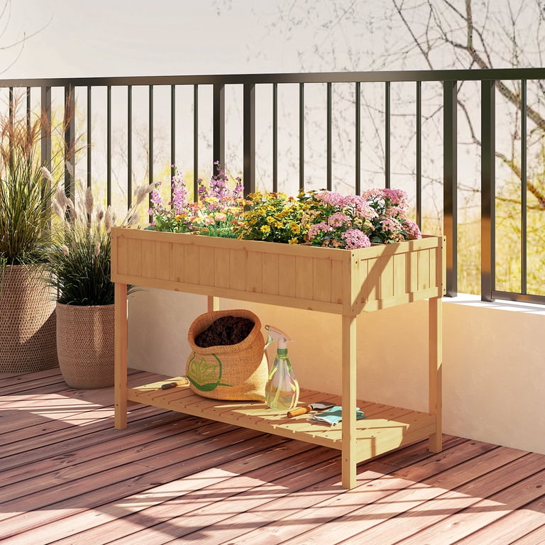 Outsunny Raised Garden Bed 43x18x30in, 8 Pockets, Shelf, Elevated