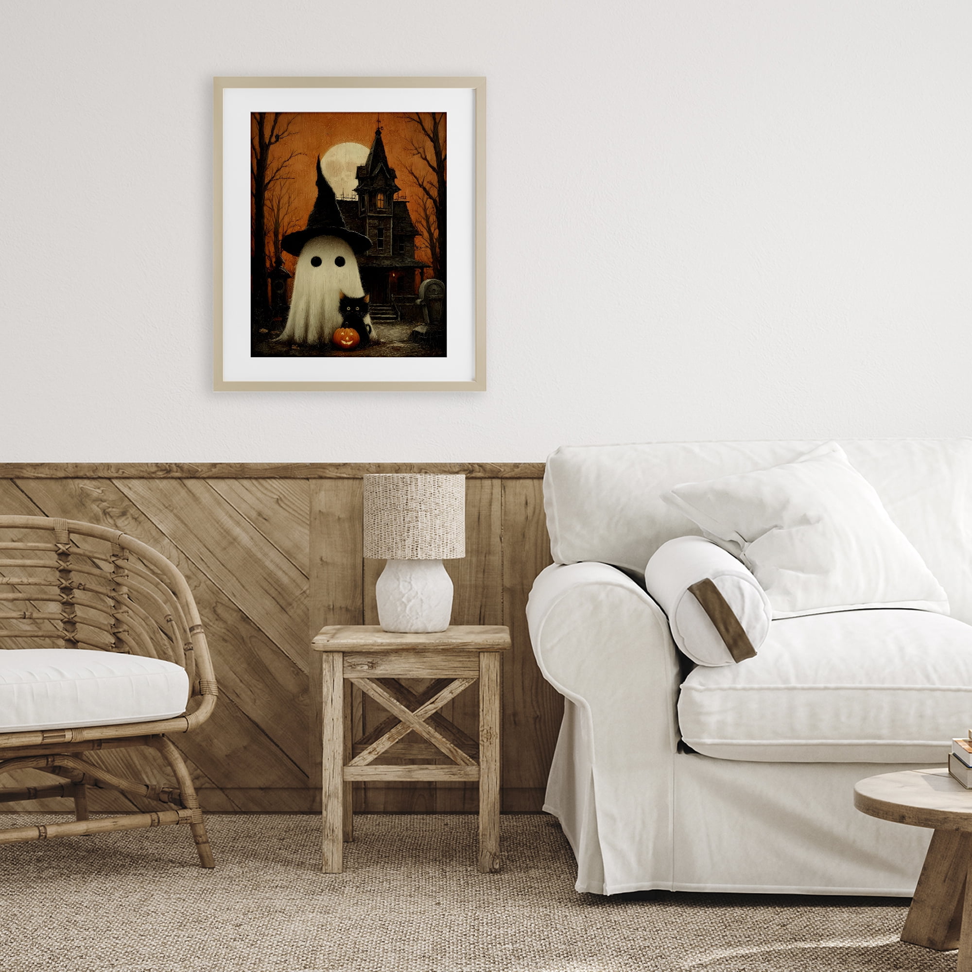 Cute Ghost & Haunted House Birch Framed Print Under Glass, design by Arlington Prints