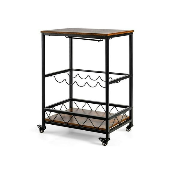 Mobile Kitchen Bar Cart Serving Trolley with Wine Rack Kitchen Supplies Rustic Brown
