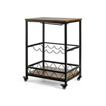 Mobile Kitchen Bar Cart Serving Trolley with Wine Rack Kitchen Supplies Rustic Brown