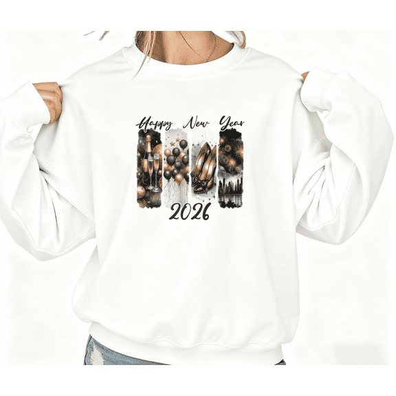 2026 Happy New Year Theme Graphic Cotton breathability Tee T Shirt Tops Round-neck long-sleeved white S-3XL