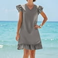 thumbnail image 2 of SYMOID Womens Solid V Neck Short Sleeve Mini Casual Summer Dress with Ruffle Hem,Gray,Size S, 2 of 7