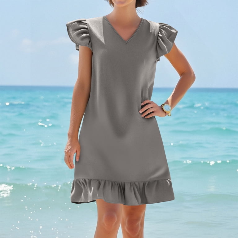 Ecqkame 2025 Womens Summer Dresses Solid Color V-Neck Ruffle Cap Vacation Dress  Short Sleeve Pleated Hem Side Pockets Midi Dress Gray S - Walmart.com