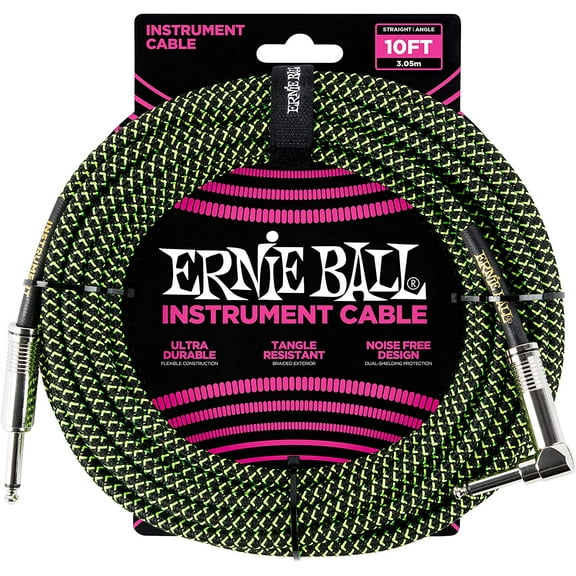 Ernie Ball Braided Instrument Cable, Straight/Angle, 10ft, Neon Green/Black P06077