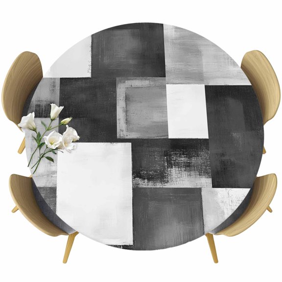 Gray Abstract Round Fitted Table Cover Modern Rustic Geometric Color Block Plaid Waterproof Table Cloth with Elastic Edge Wipeable Tablecloth for Picnic Camping Party Fits 55"-60" Diameter