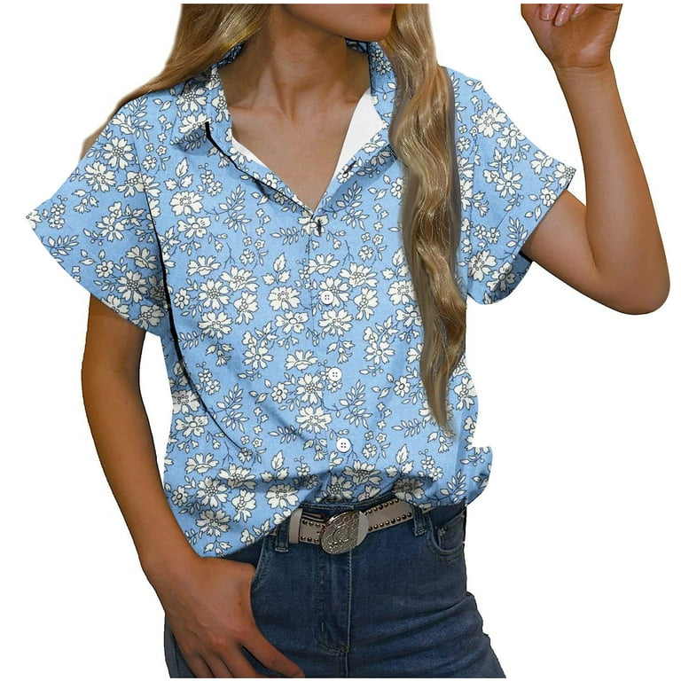 XFLWAM Womens Casual Short Sleeve Button Down Shirts Summer Cotton Solid  Color Top Blouses with Pockets Blue S 