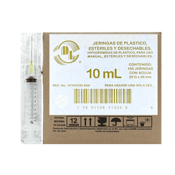 100 Jeringas De Plástico Dl 10 Ml Con Aguja 20gx38mm
