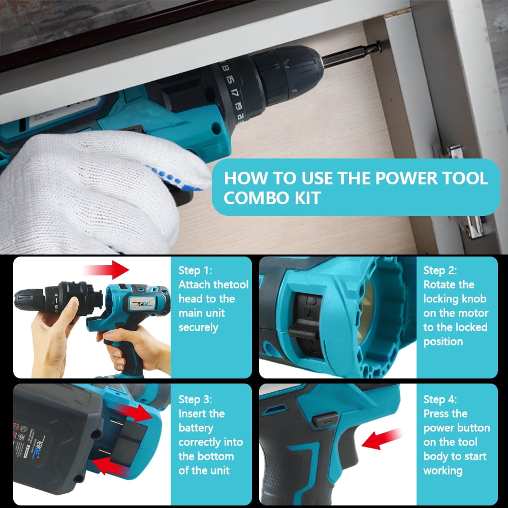 NEWONE Cordless Power Tool Combo Kit 18V 5 Attachments Work Light, Circular Saw, Palm Sander, Drill, Impact Driver 2 Batteries and Fast Charger Cordless Power Tool Set