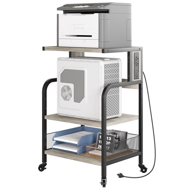 QinaQin Industrial-Grade Three-Tier Scroll Printer Trolley, Gray Printer Stand, with Power Socket, USB Charging Port, Adjustable Storage Shelf and Metal Frame