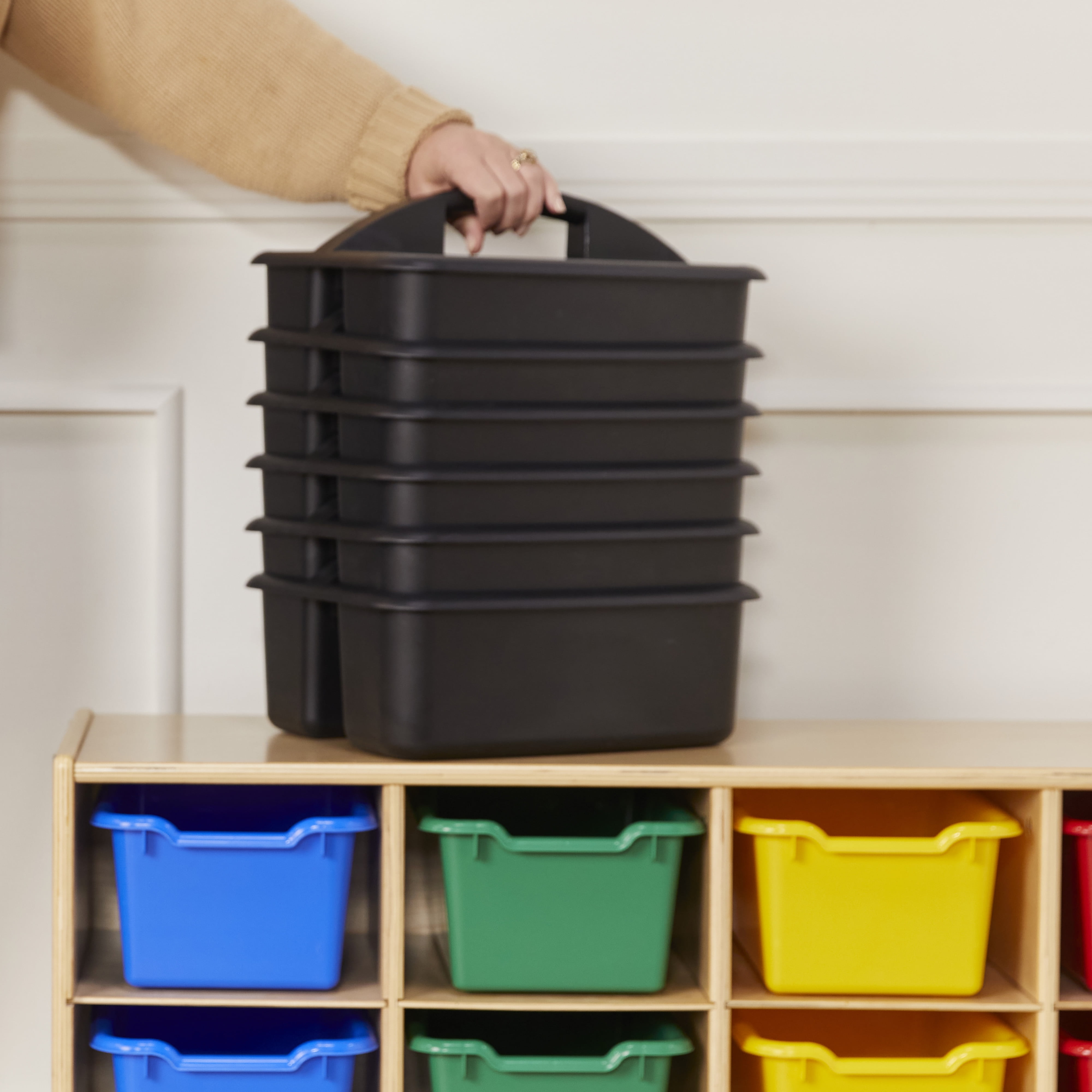 ECR4Kids 2-Compartment Large Plastic Caddy, Multipurpose Organization, Black, 6-Pack