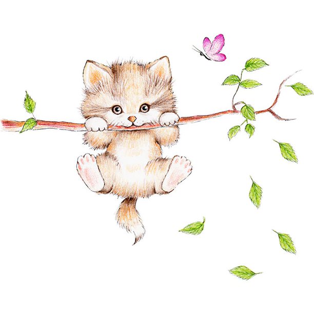 Etiqueta Engomada De La Pared De La Rama Del Gato Etiqueta Engomada Linda Del Animal Doméstico De La Historieta Para La Sala De Estar Del Dormitorio De Los Niños Minnieouse HA016564-00