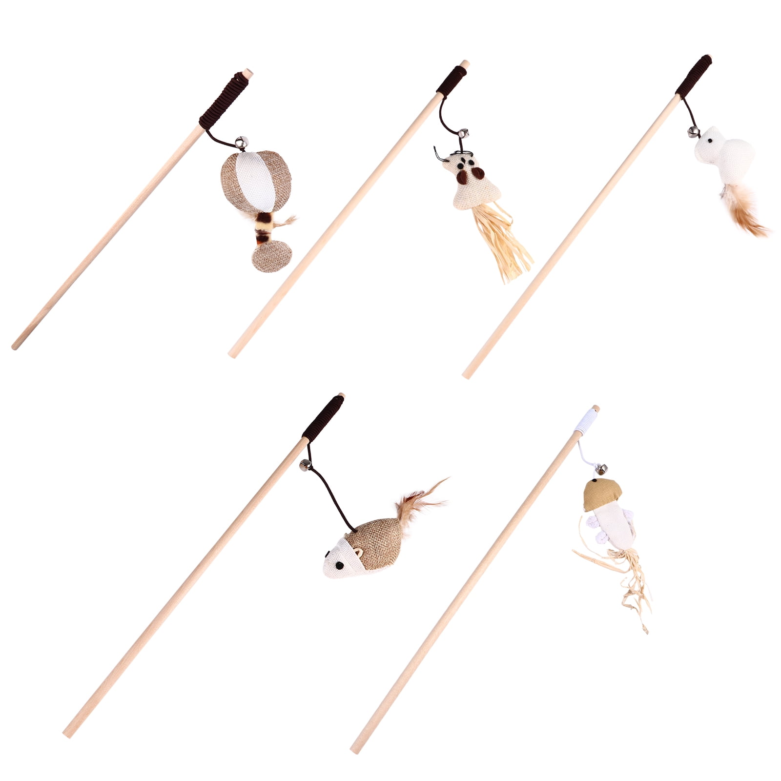 FENGGUIQU Cat Teaser Sticks Beige Wooden and Linen Indoor Cat Toy 5 Pieces