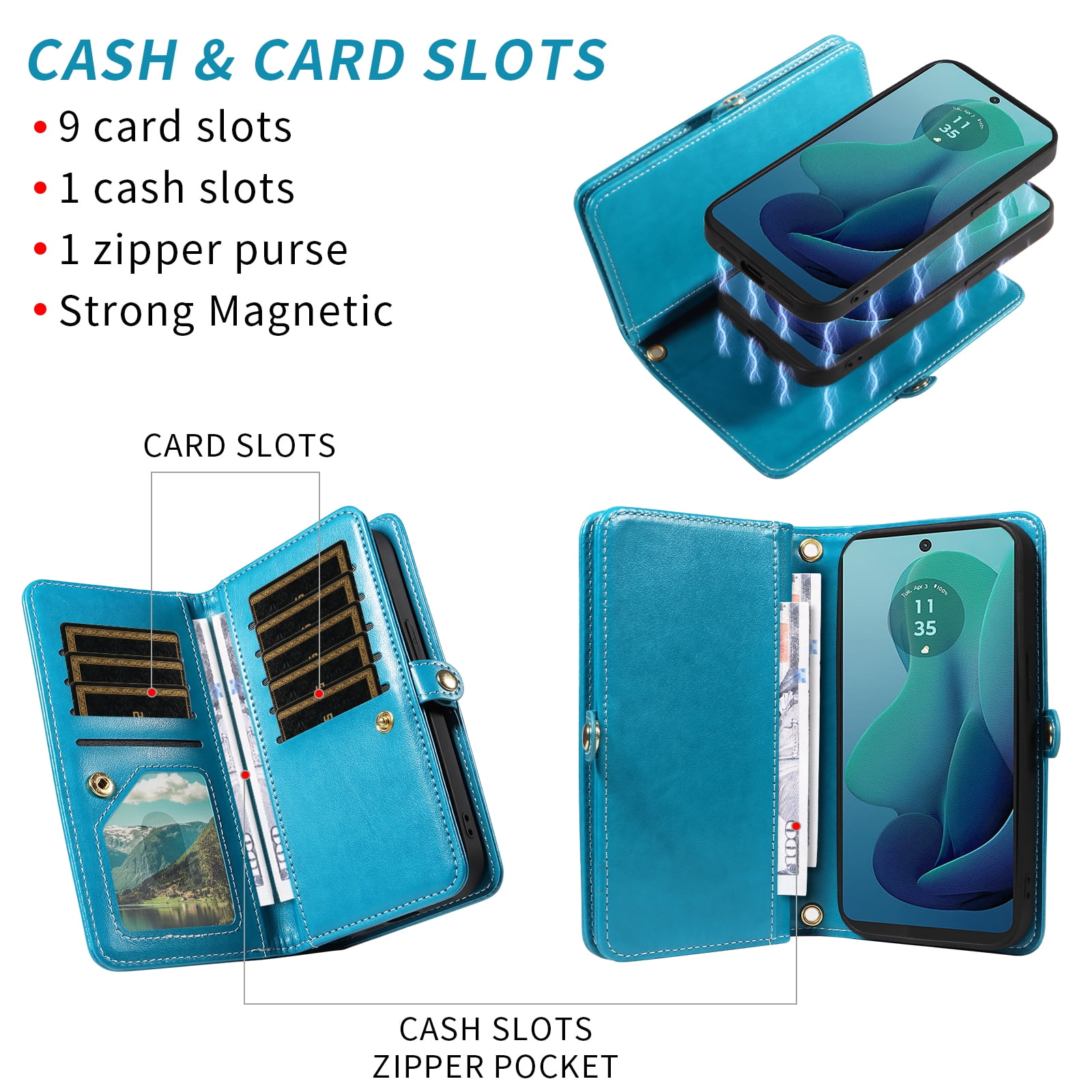 Asuwish Phone Case for Motorola Moto G 5G 2024 Zipper Wallet Detachable Cell Cover with Tempered Glass Screen Protector Crossbody Lanyard Strap Flower Flip Card Holder G5G 5 G G5 Women Men Girls Blue