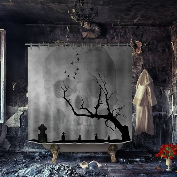 Gothic Sugar Skull Shower Curtain 180Wx180H Spooky Skeleton Abstract Bone Cool Witchy Moon Scary Black Trees Bird Woodland Bathroom Decor Unique Horror Bath Curtain Fabric Polyester 12 Pack Hooks