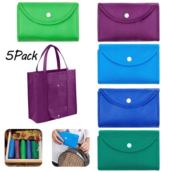 AMERTEER 5 Pack Reusable Grocery Bags, Large Foldable Shopping Bags Tote Bags,Eco-Friendly Produce Bags with Long Handle for Shopping Groceries Clothes (5 Assorted Colors )