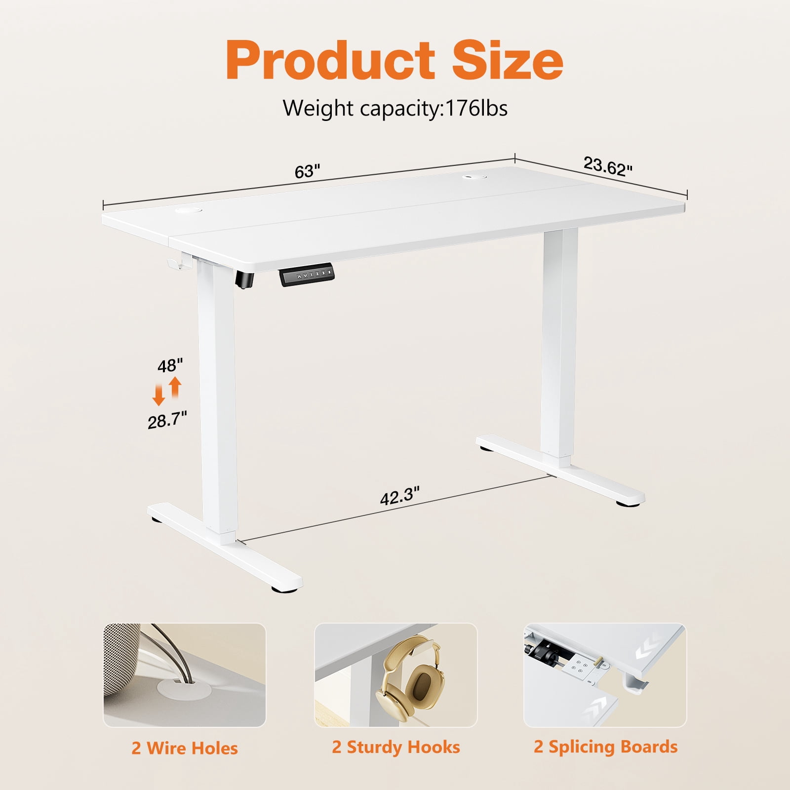 EDX Electric Adjustable Standing Desk - 63"x24" Sit-to-Stand Office Desk with 2 Hooks & Wire Hole