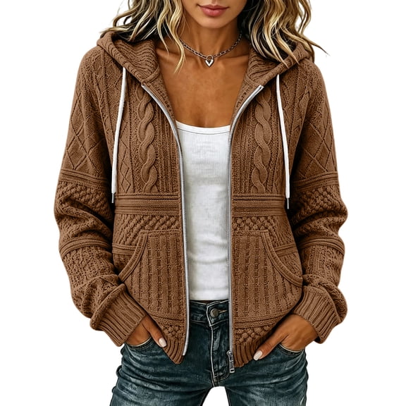 FENGYOU Womens Zip Up Hooded Cardigan Cable Knit Jacket Loose Casual Long Sleeve Outerwear with Pockets Drawstring Hood Brown L