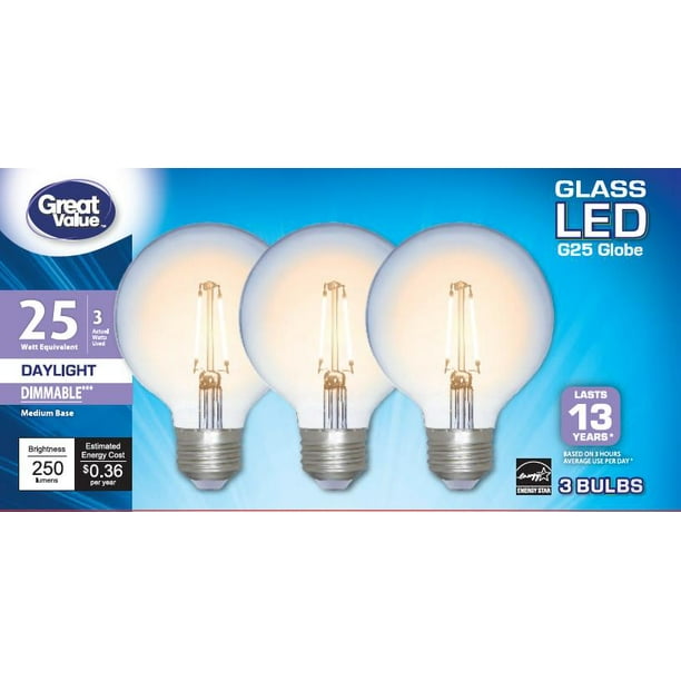 Great Value Glass LED G25 Globe Light Bulbs, 40W, Daylight, 3 Count