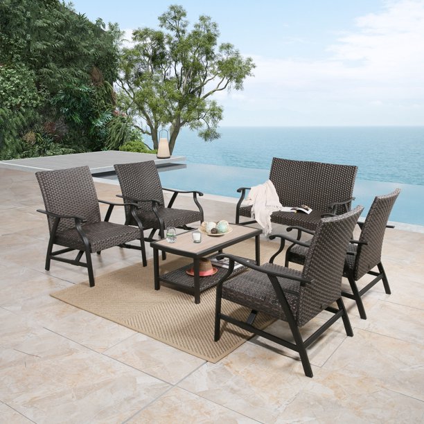 Ulax Furniture 6 Piece Outdoor Wicker Padded Conversation Set Patio